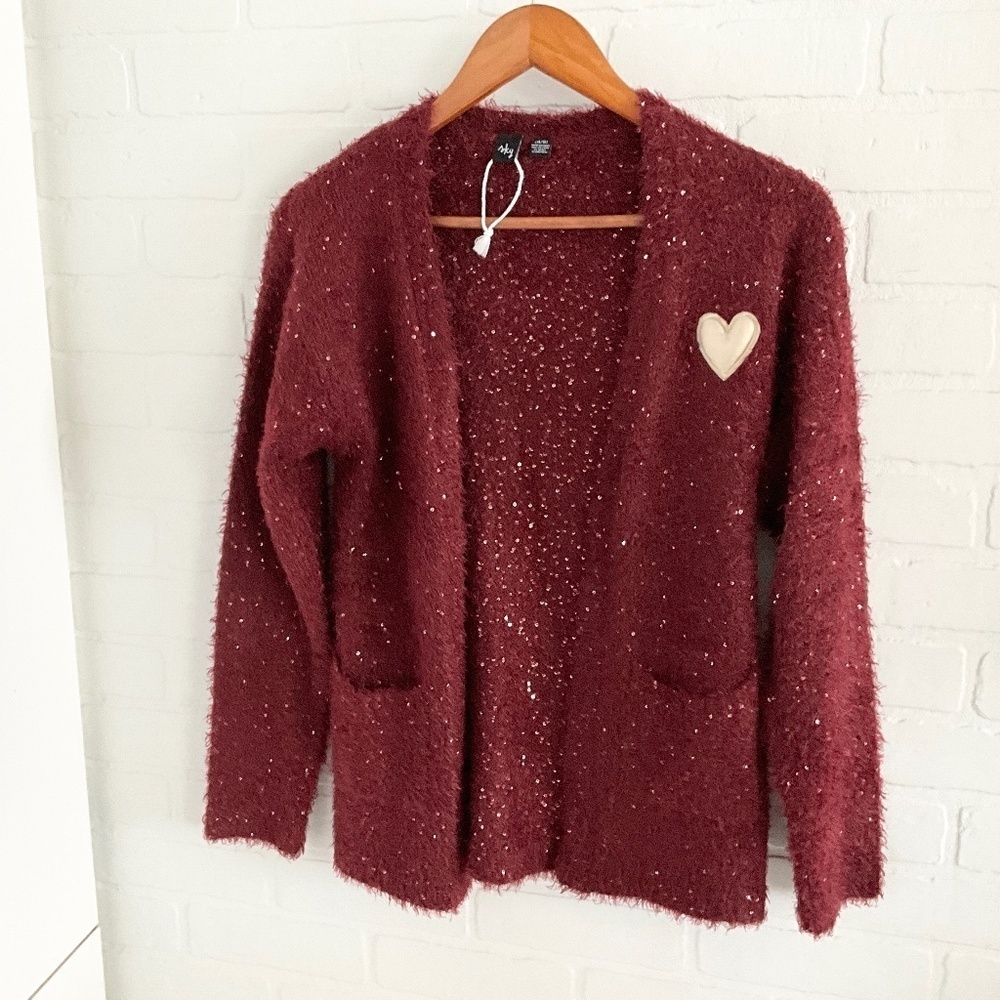 NWOT Sky Girl/Kids Open Knit Cardigan Fuzzy Burgundy Gold Heart Sequins Sz 14/16